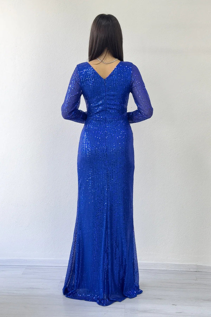 Women's Saxe Blue Wrap Neck Sequin Long Evening Gown