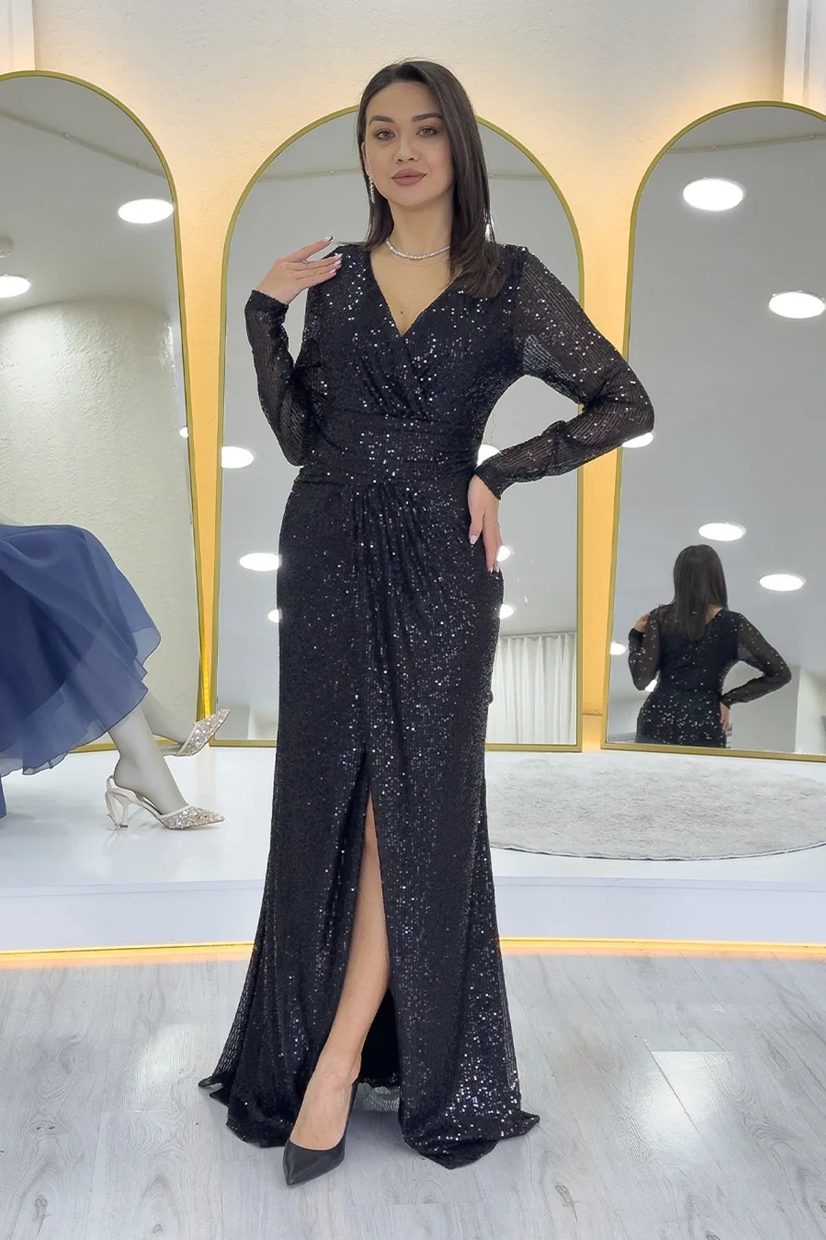 Women's Black Wrap Neck Sequin Long Evening Gown