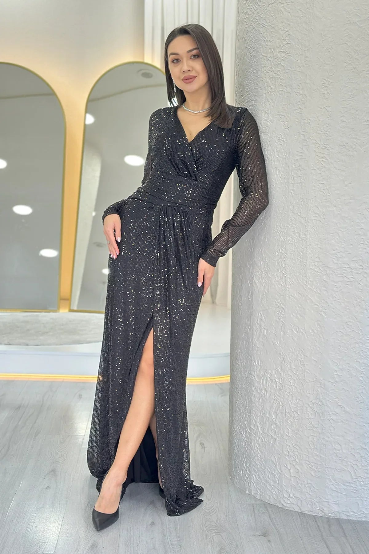 Women's Black Wrap Neck Sequin Long Evening Gown