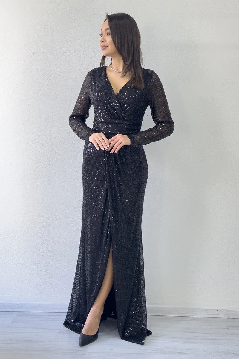 Women's Black Wrap Neck Sequin Long Evening Gown