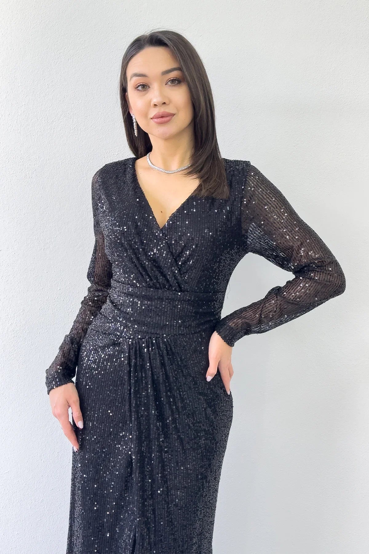 Women's Black Wrap Neck Sequin Long Evening Gown