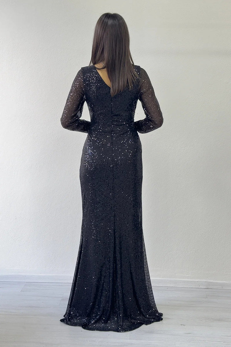 Women's Black Wrap Neck Sequin Long Evening Gown