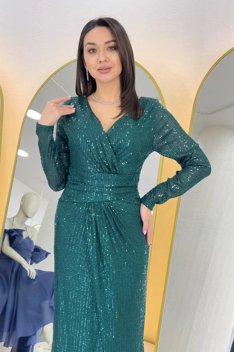 Women's Green Wrap Neck Sequin Long Evening Gown