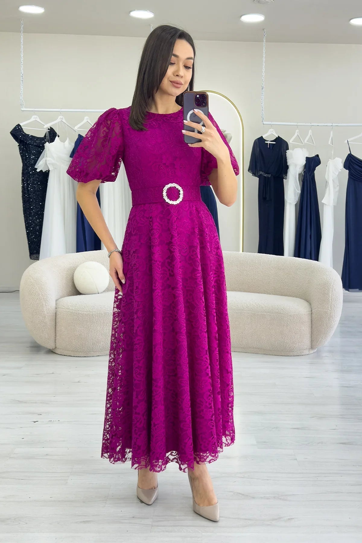 Women's Fuchsia Balloon Sleeve Maxi Belted Lace Dress