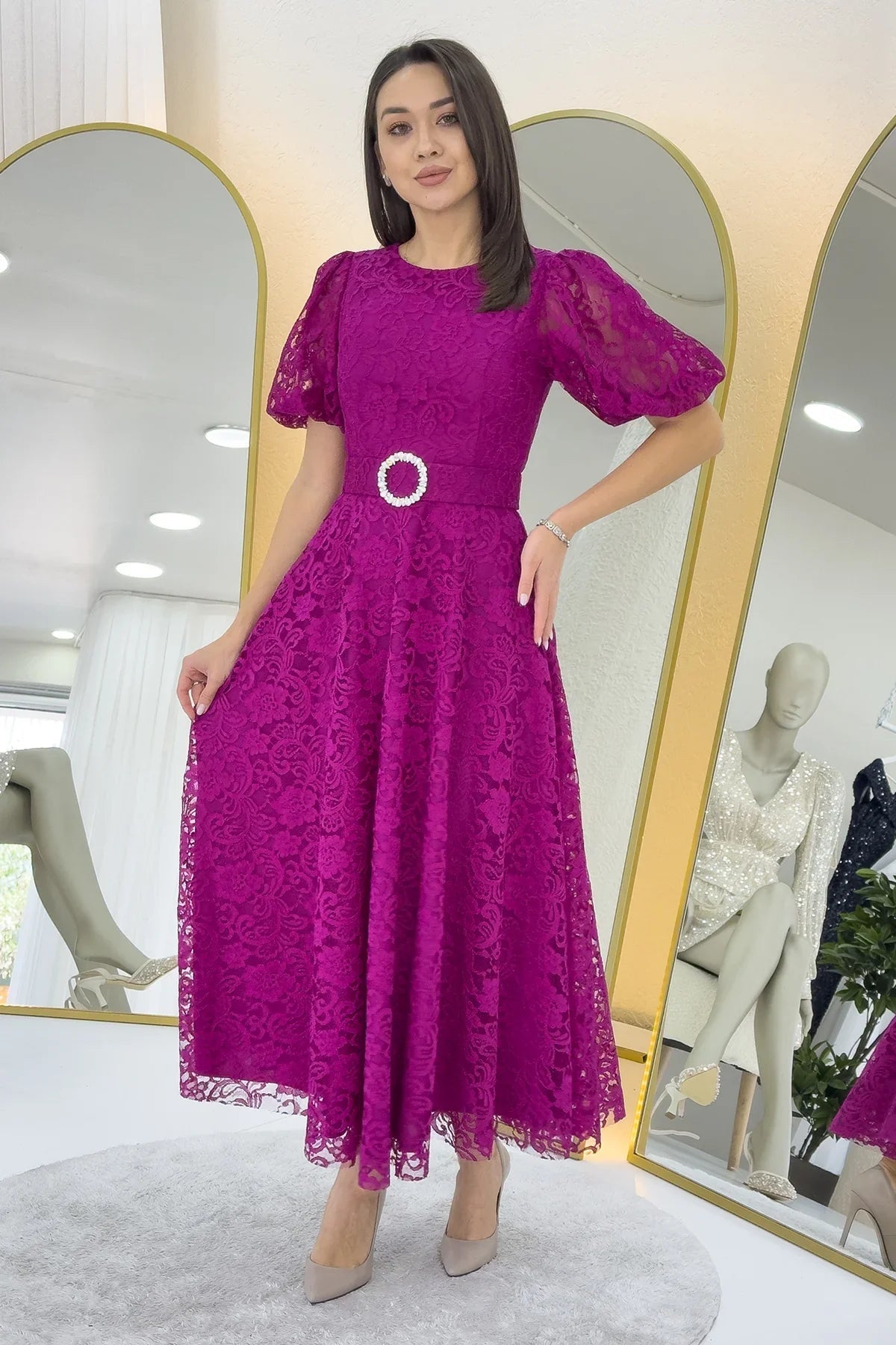 Women's Fuchsia Balloon Sleeve Maxi Belted Lace Dress