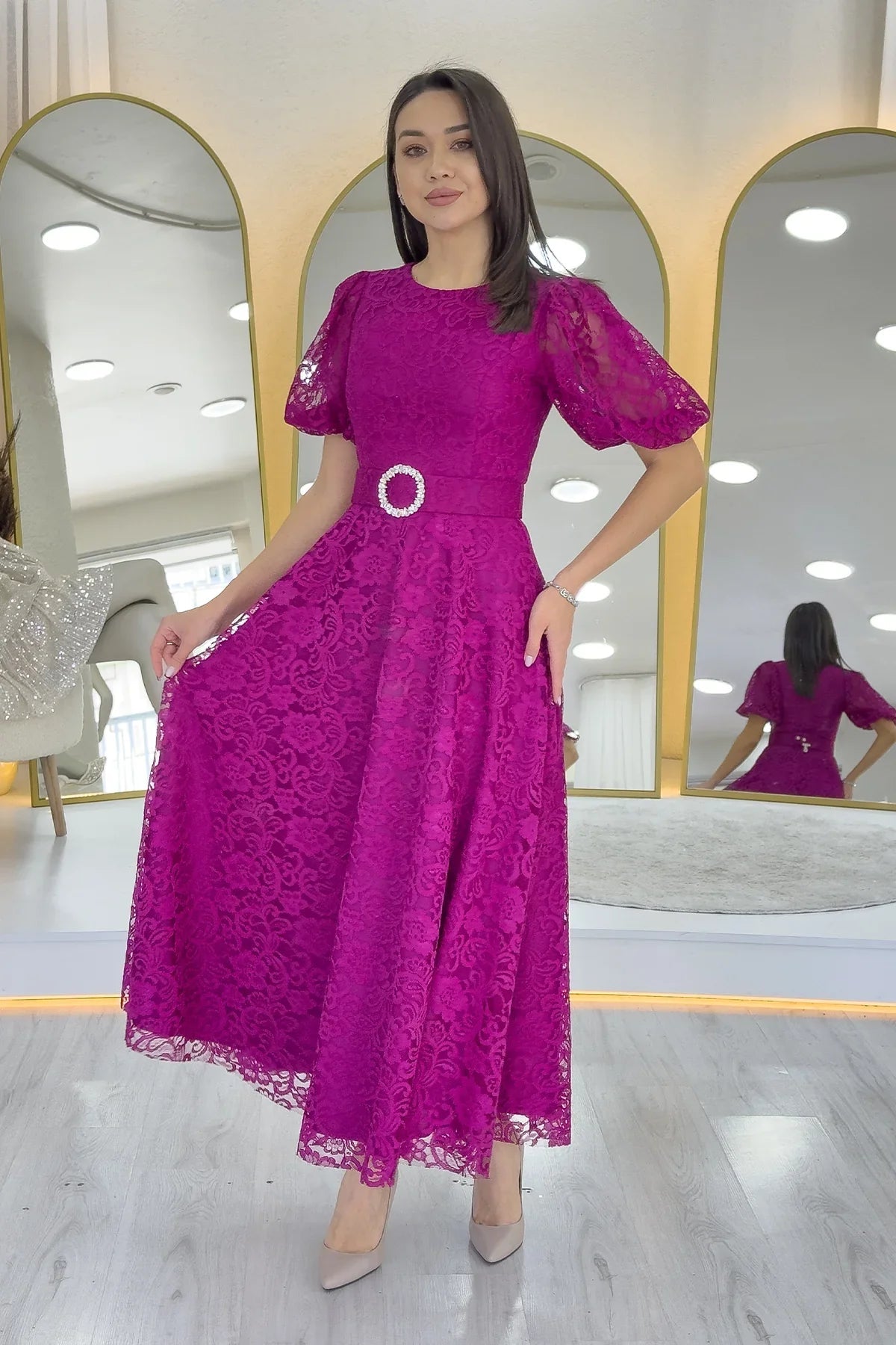 Women's Fuchsia Balloon Sleeve Maxi Belted Lace Dress