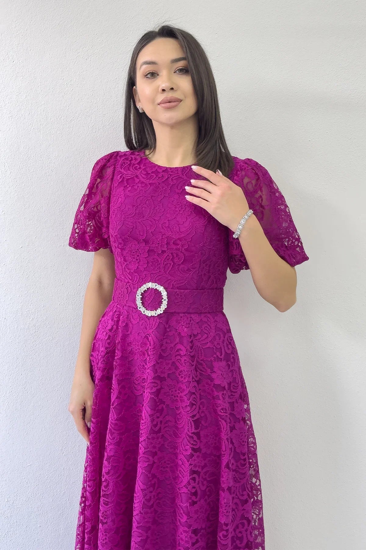 Women's Fuchsia Balloon Sleeve Maxi Belted Lace Dress