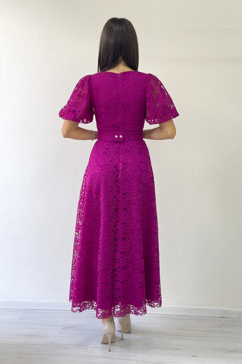 Women's Fuchsia Balloon Sleeve Maxi Belted Lace Dress