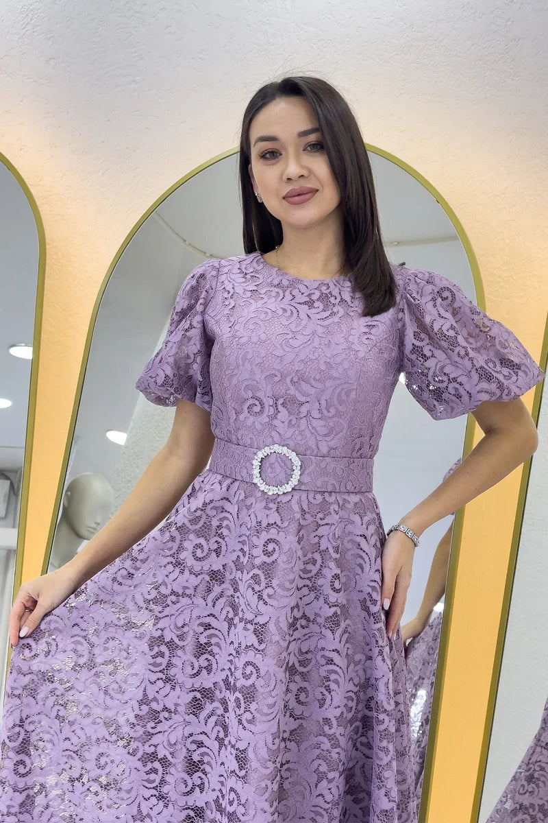 Women's Dusty Rose Balloon Sleeve Maxi Belted Lace Dress