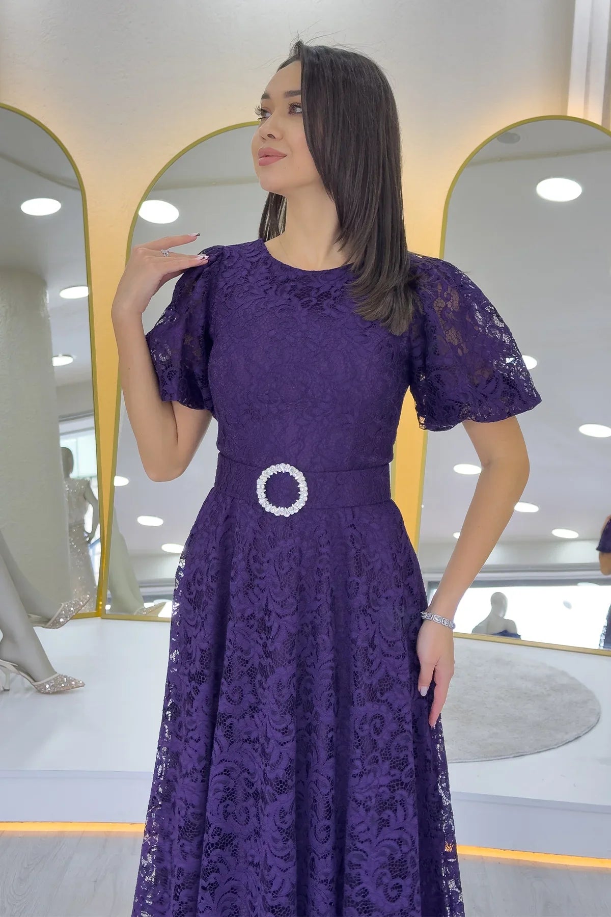 Women's Purple Balloon Sleeve Maxi Belted Lace Dress