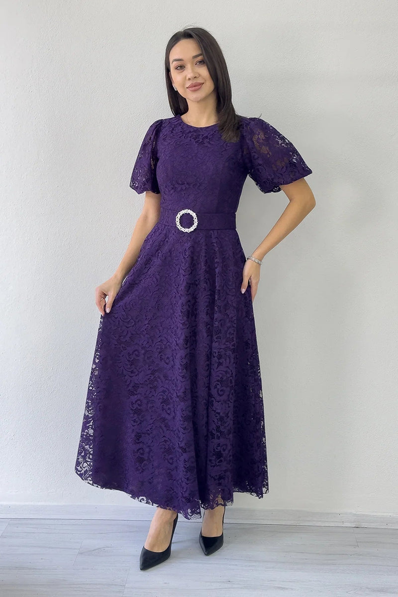 Women's Purple Balloon Sleeve Maxi Belted Lace Dress