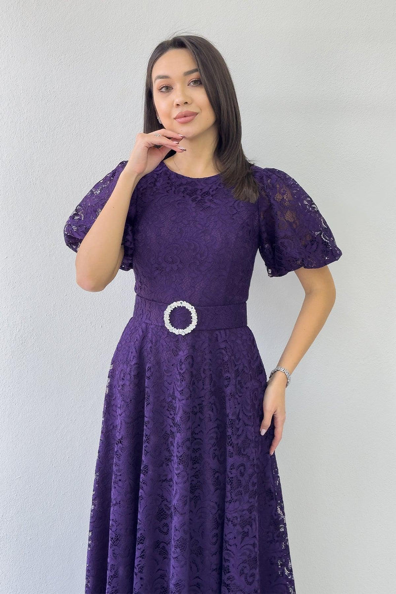 Women's Purple Balloon Sleeve Maxi Belted Lace Dress