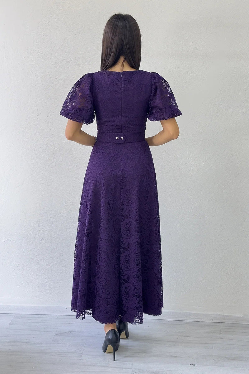 Women's Purple Balloon Sleeve Maxi Belted Lace Dress