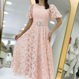 Powder Pink Lace Midi Length Flared Evening Dress