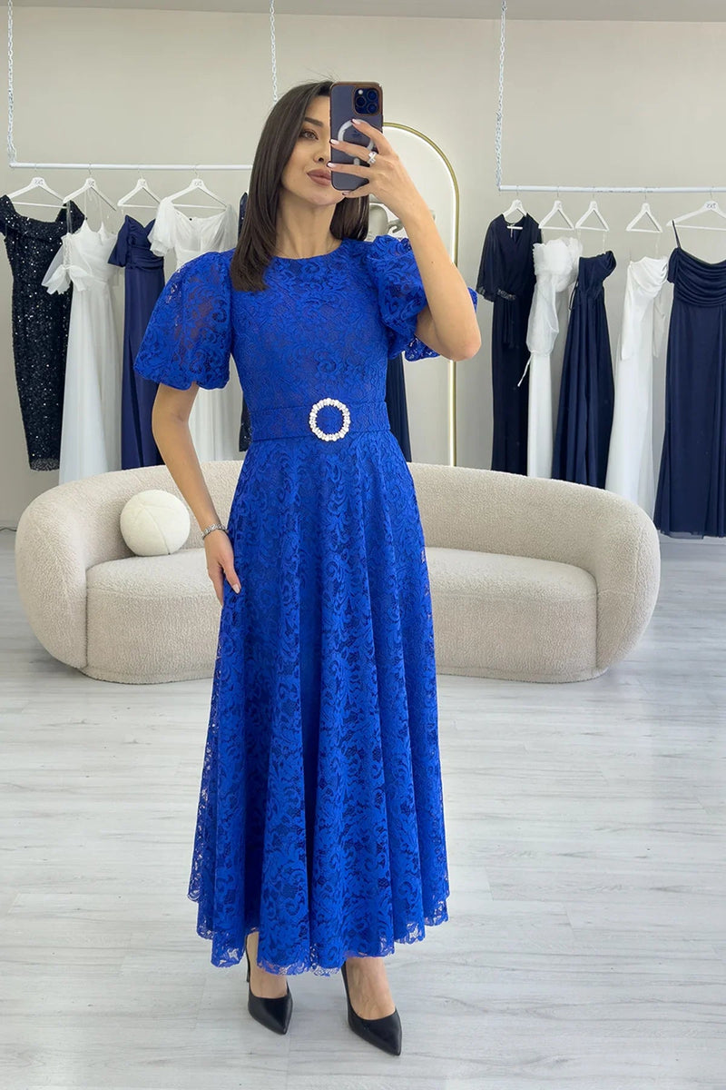 Women's Saxe Balloon Sleeve Maxi Belted Lace Dress