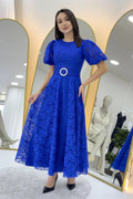 Saxe Blue Lace Midi Length Flared Evening Dress