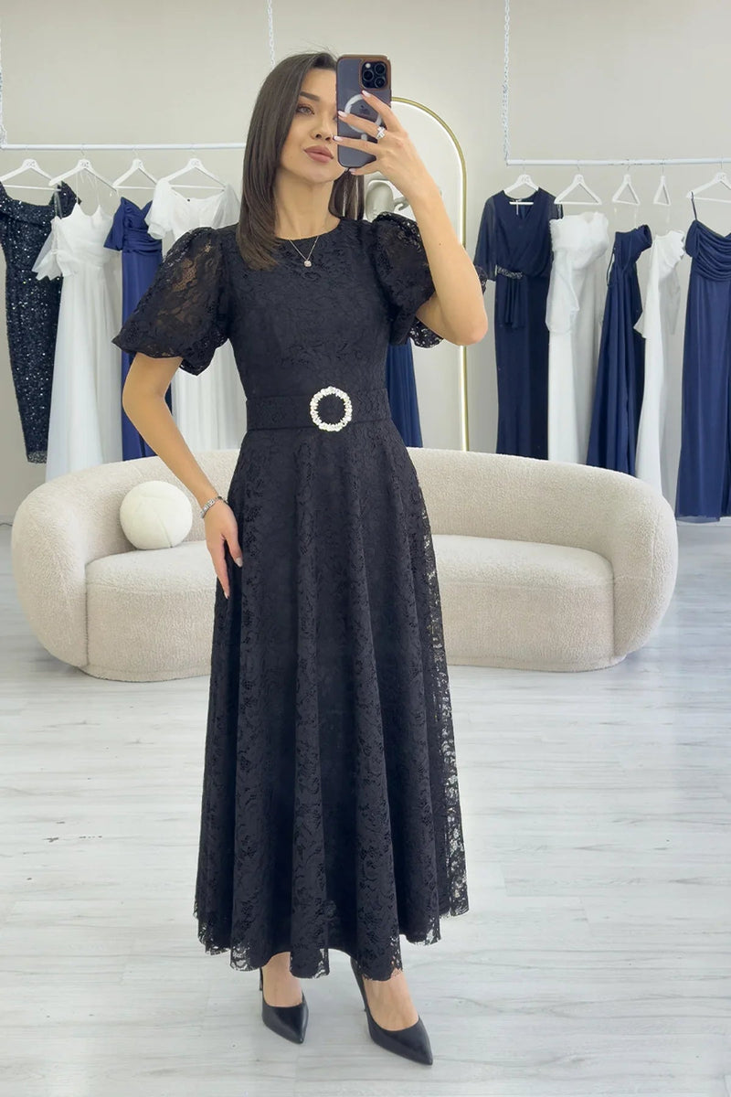 Women's Black Balloon Sleeve Maxi Belted Lace Dress