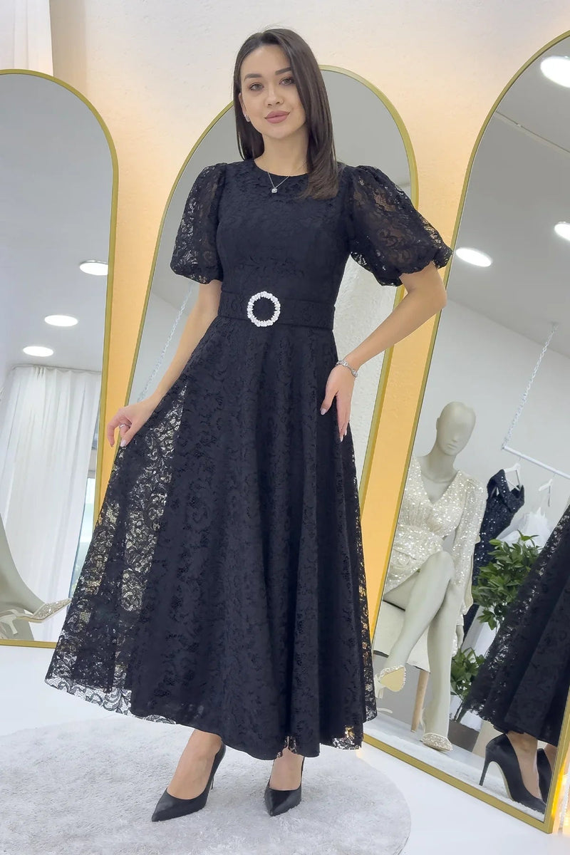 Women's Black Balloon Sleeve Maxi Belted Lace Dress