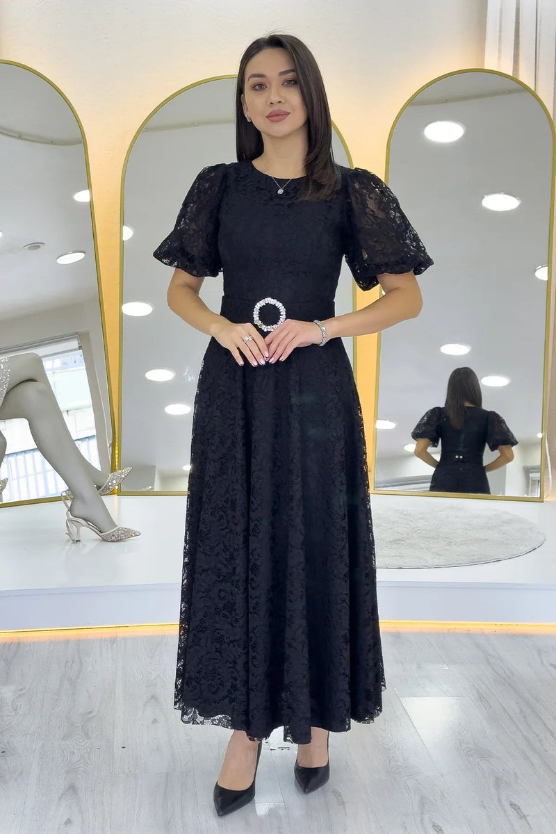 Women's Black Balloon Sleeve Maxi Belted Lace Dress
