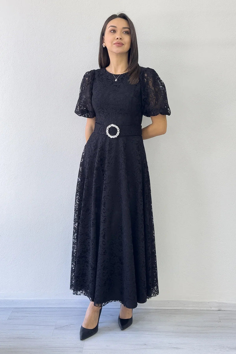 Women's Black Balloon Sleeve Maxi Belted Lace Dress