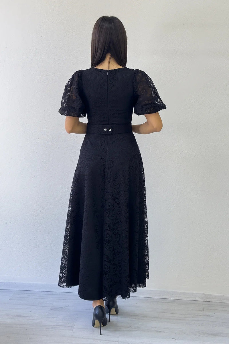 Women's Black Balloon Sleeve Maxi Belted Lace Dress