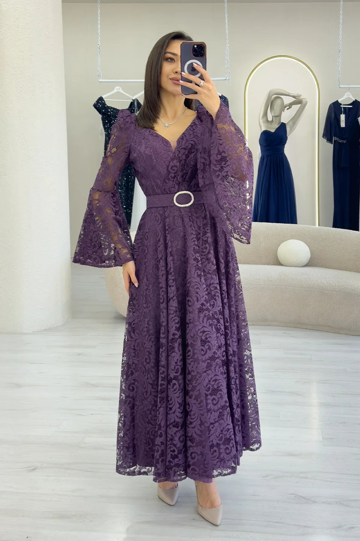 Women's Açık Purple Wrap Neck Kemer Detail Laceli Long Sleeve Midi Dress