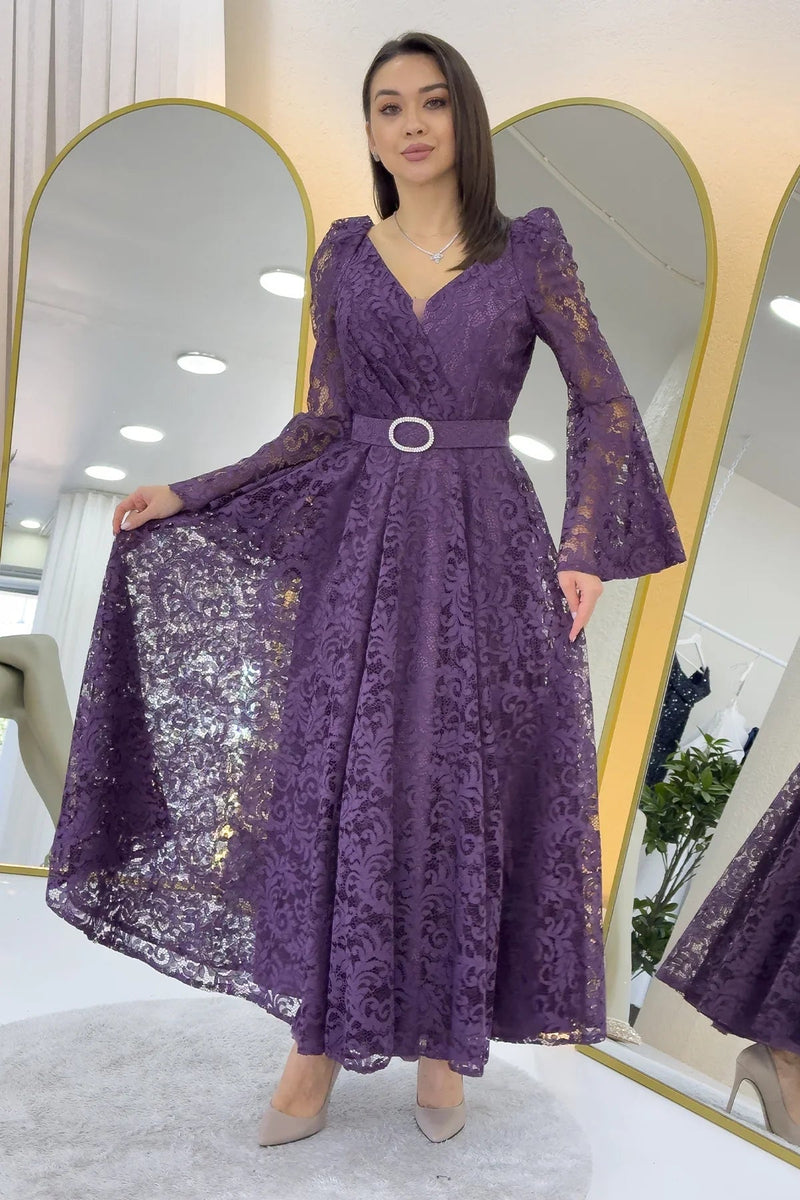 Women's Açık Purple Wrap Neck Kemer Detail Laceli Long Sleeve Midi Dress