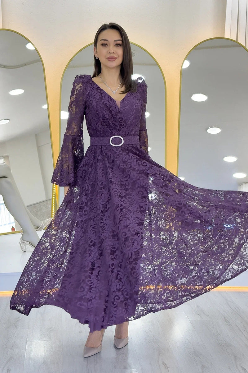 Women's Açık Purple Wrap Neck Kemer Detail Laceli Long Sleeve Midi Dress