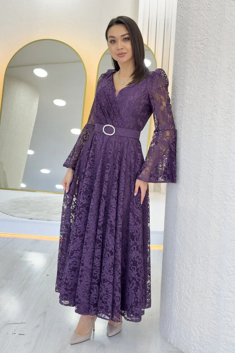 Women's Açık Purple Wrap Neck Kemer Detail Laceli Long Sleeve Midi Dress