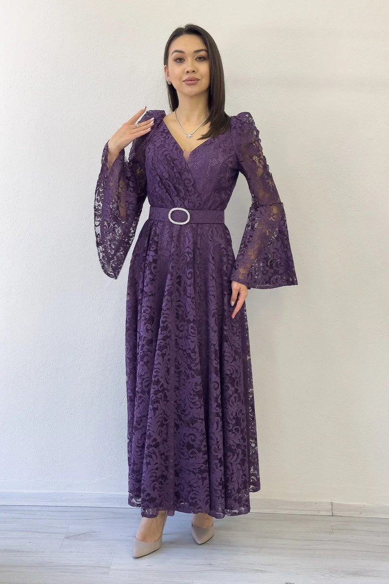 Women's Açık Purple Wrap Neck Kemer Detail Laceli Long Sleeve Midi Dress