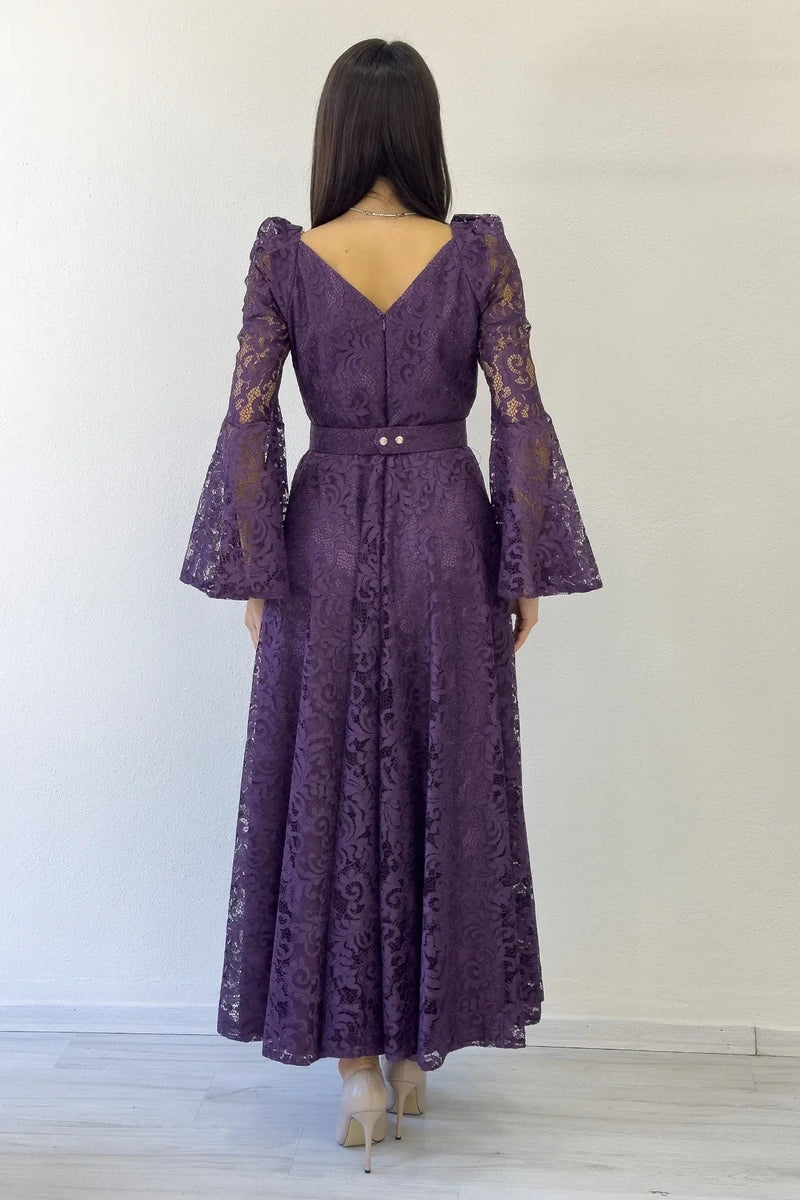 Women's Açık Purple Wrap Neck Kemer Detail Laceli Long Sleeve Midi Dress