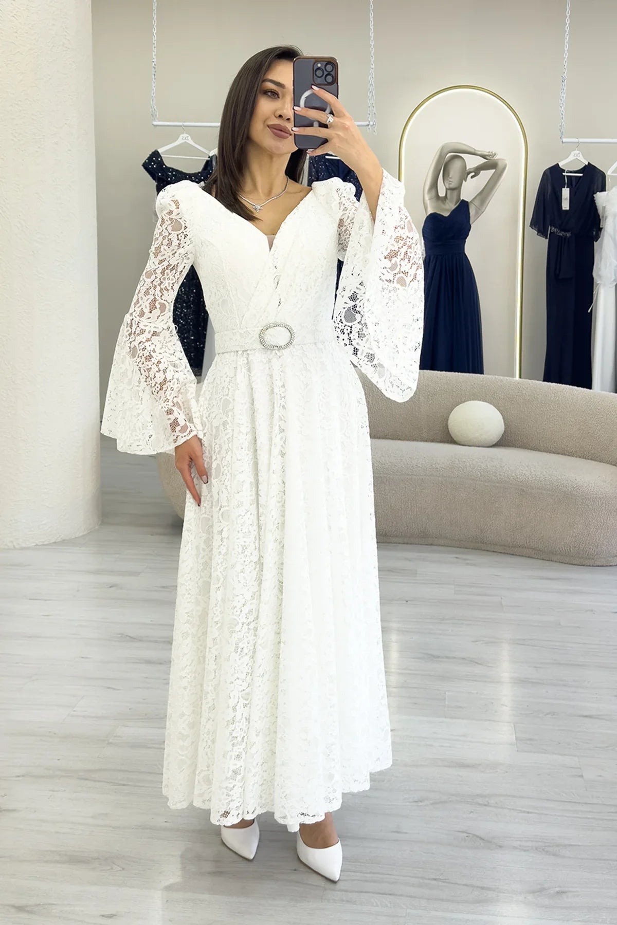 Women's White Wrap Neck Kemer Detail Laceli Long Sleeve Midi Bridal Dress