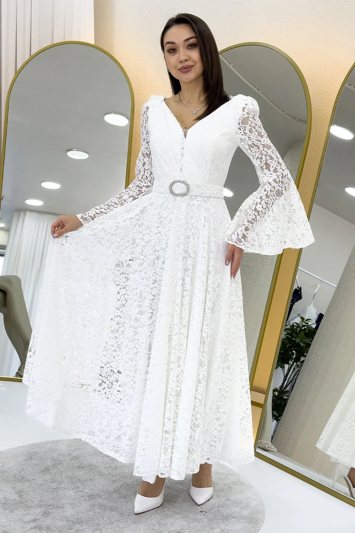 Women's White Wrap Neck Kemer Detail Laceli Long Sleeve Midi Bridal Dress