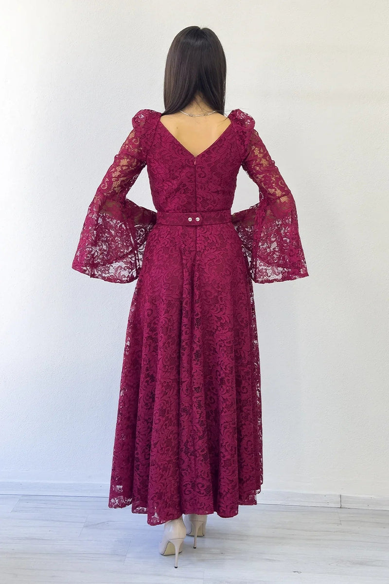 Women's Burgundy Wrap Neck Kemer Detail Laceli Long Sleeve Midi Dress