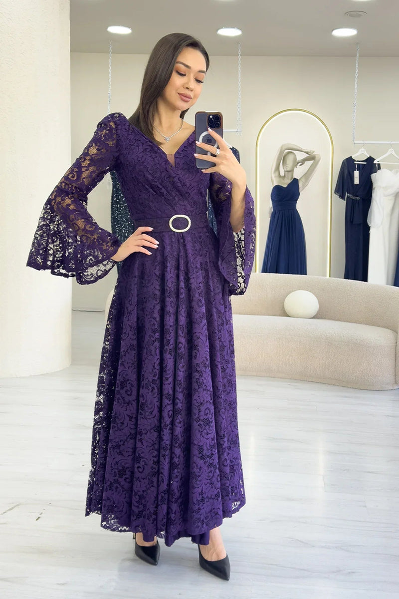 Women's Purple Wrap Neck Kemer Detail Laceli Long Sleeve Midi Dress