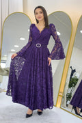 Purple Lace Midi Length Flared Evening Dress