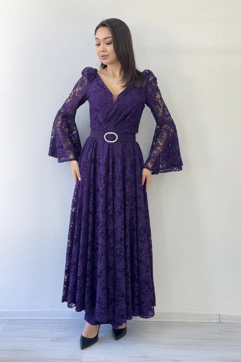Women's Purple Wrap Neck Kemer Detail Laceli Long Sleeve Midi Dress