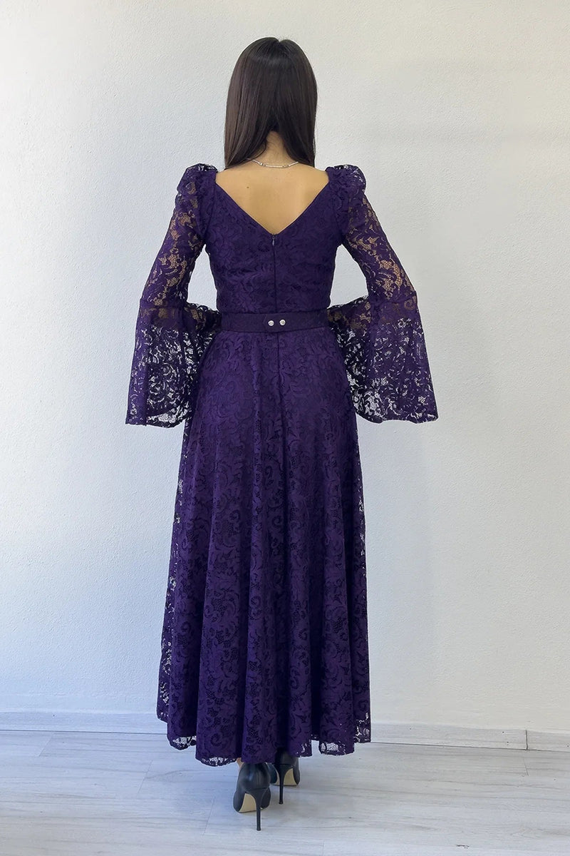 Women's Purple Wrap Neck Kemer Detail Laceli Long Sleeve Midi Dress