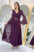 Purple Lace Midi Length Flared Evening Dress