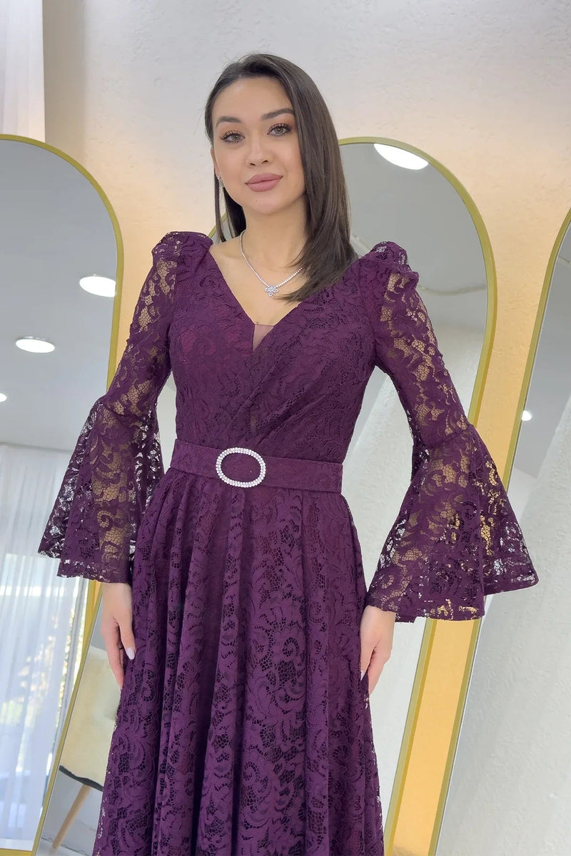 Women's Plum Wrap Neck Kemer Detail Laceli Long Sleeve Midi Dress