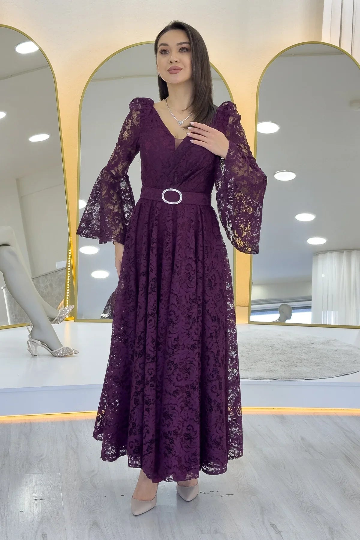 Women's Plum Wrap Neck Kemer Detail Laceli Long Sleeve Midi Dress