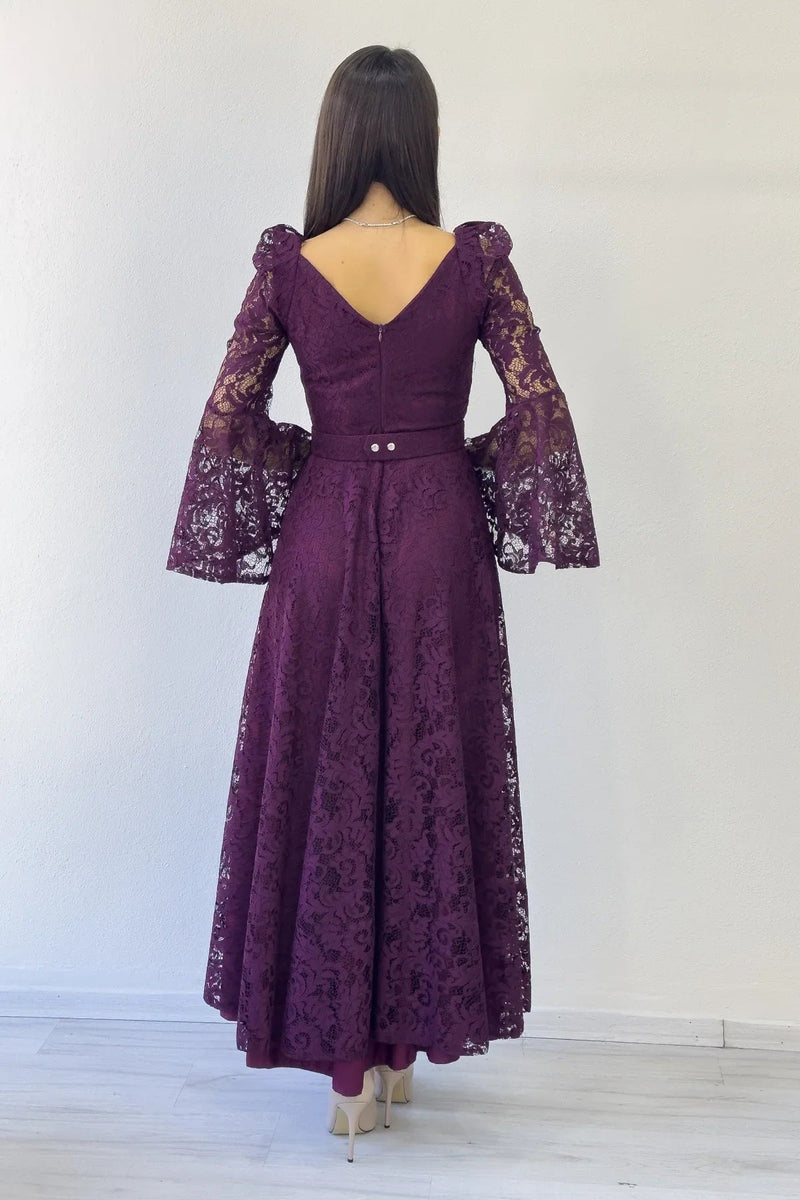 Women's Plum Wrap Neck Kemer Detail Laceli Long Sleeve Midi Dress