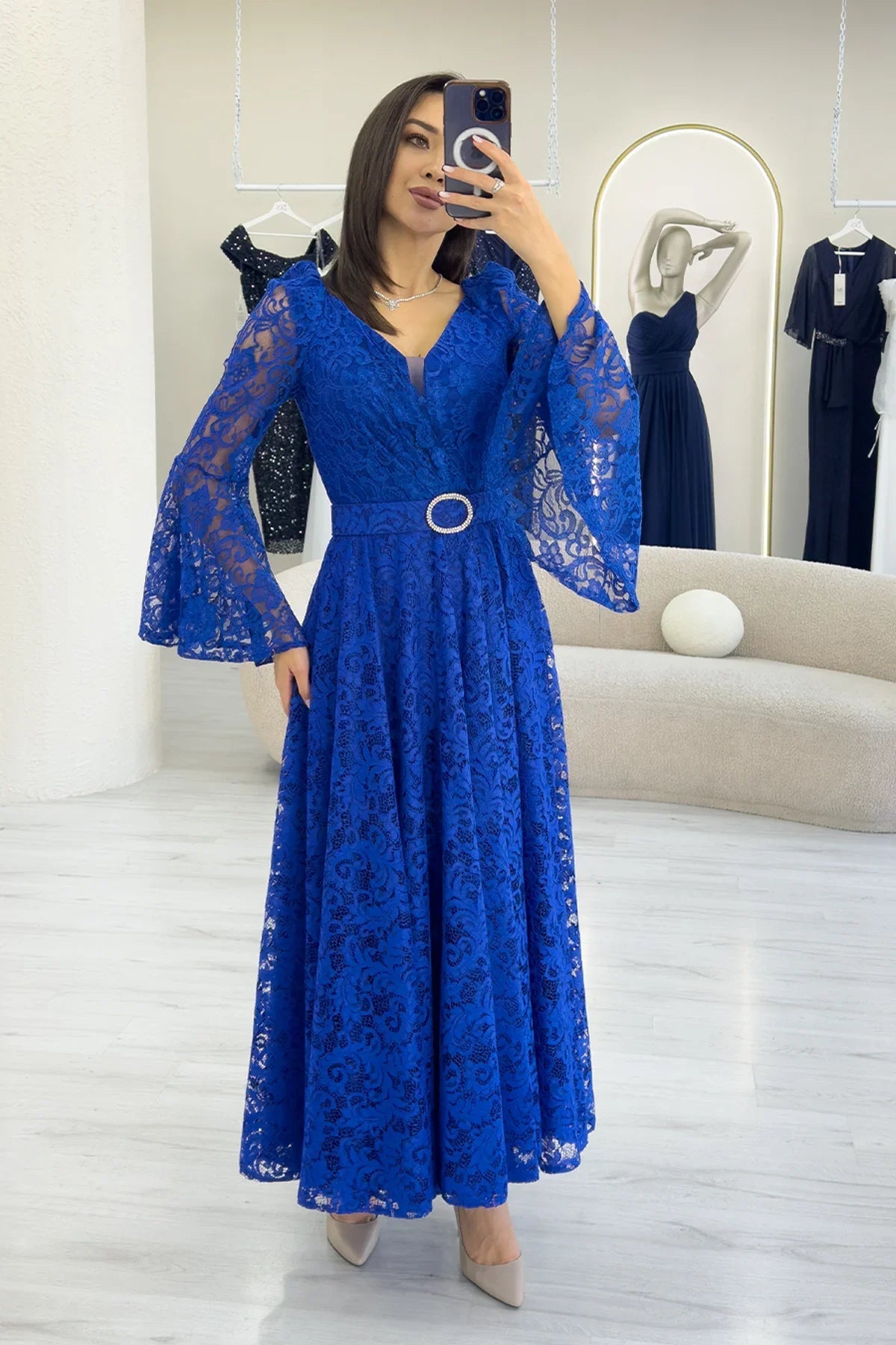 Women's Saxe Blue Wrap Neck Kemer Detail Laceli Long Sleeve Midi Dress