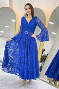 Saxe Blue Lace Midi Length Flared Evening Dress