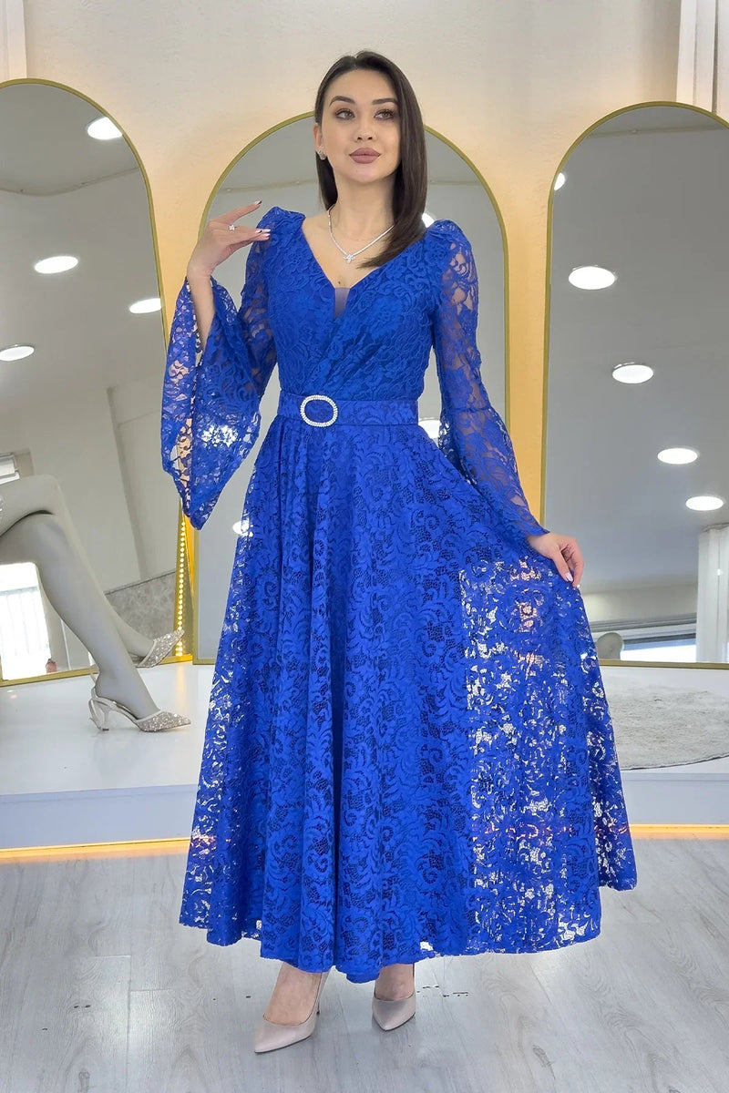 Women's Saxe Blue Wrap Neck Kemer Detail Laceli Long Sleeve Midi Dress