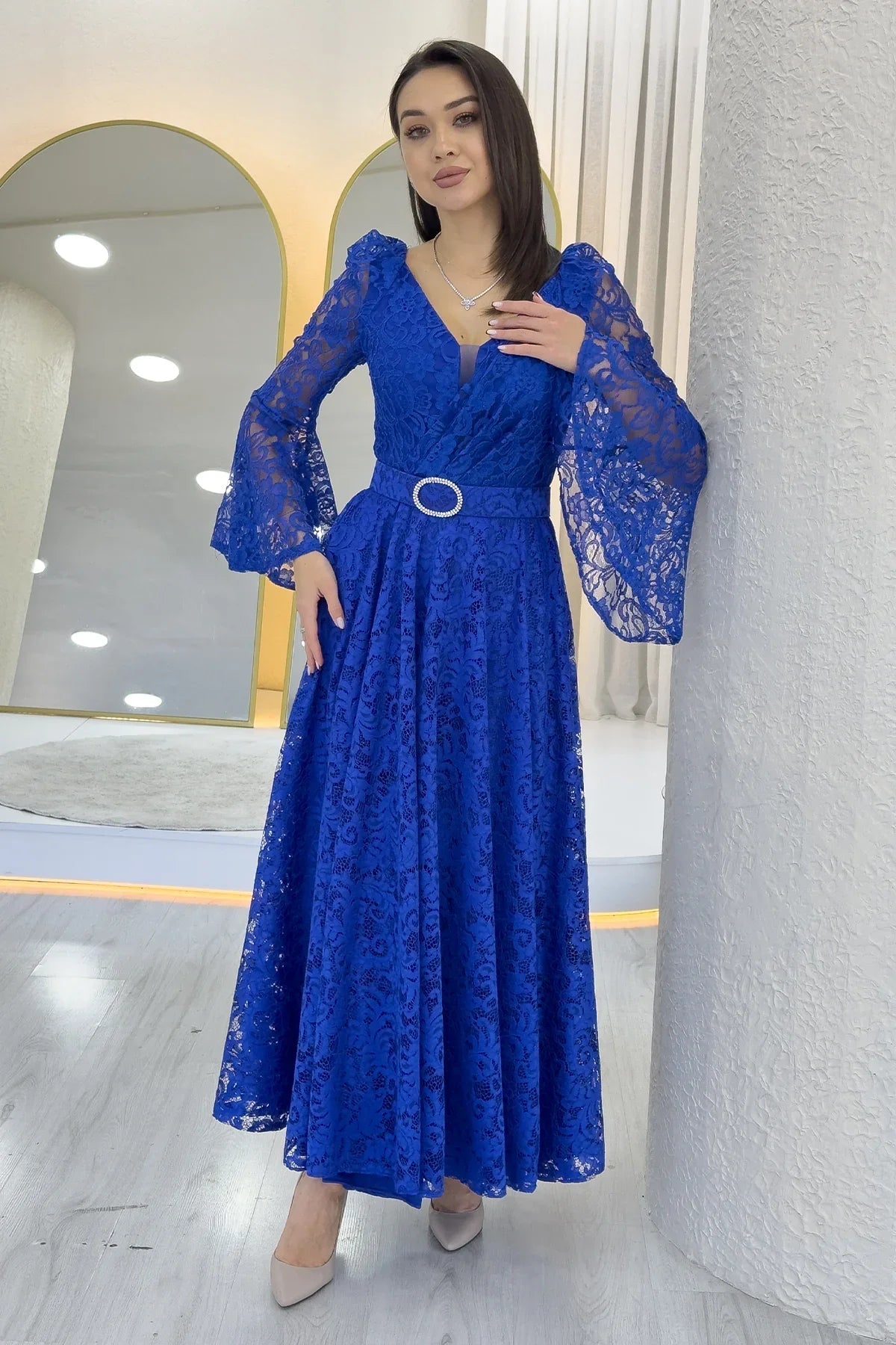 Women's Saxe Blue Wrap Neck Kemer Detail Laceli Long Sleeve Midi Dress