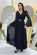 Black Lace Midi Length Flared Evening Dress
