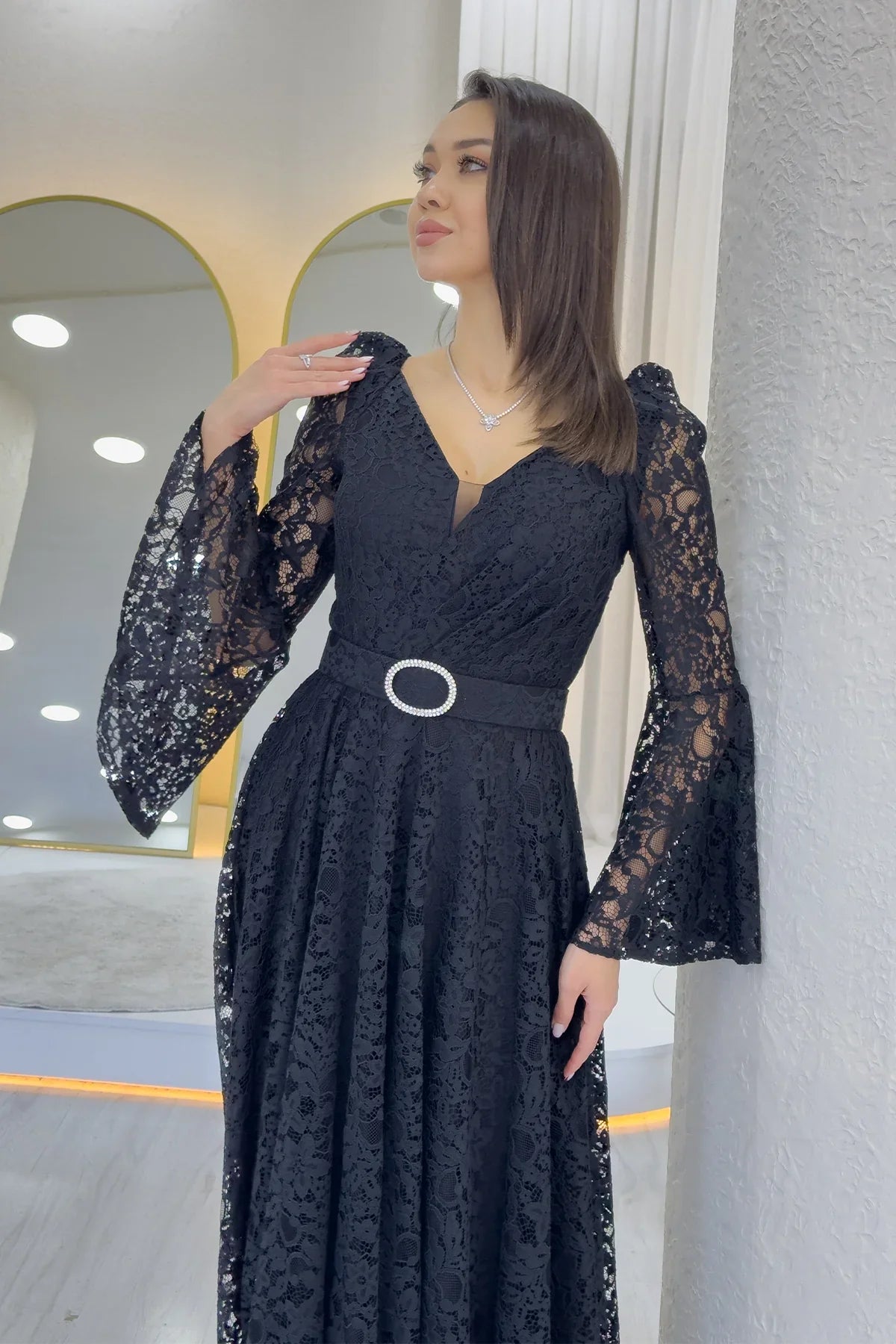 Women's Black Wrap Neck Kemer Detail Laceli Long Sleeve Midi Dress