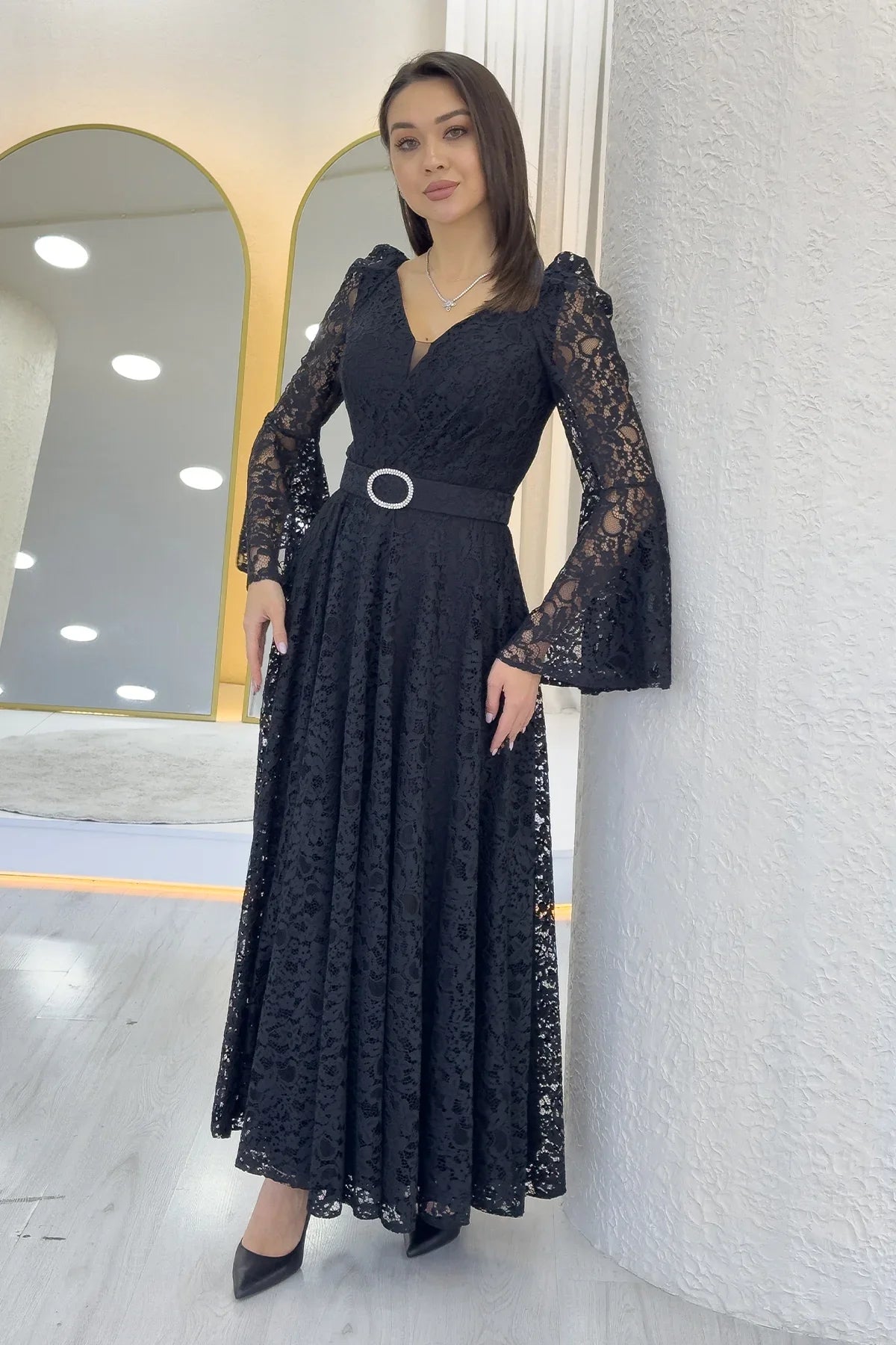 Women's Black Wrap Neck Kemer Detail Laceli Long Sleeve Midi Dress