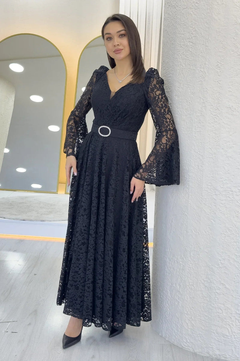 Women's Black Wrap Neck Kemer Detail Laceli Long Sleeve Midi Dress